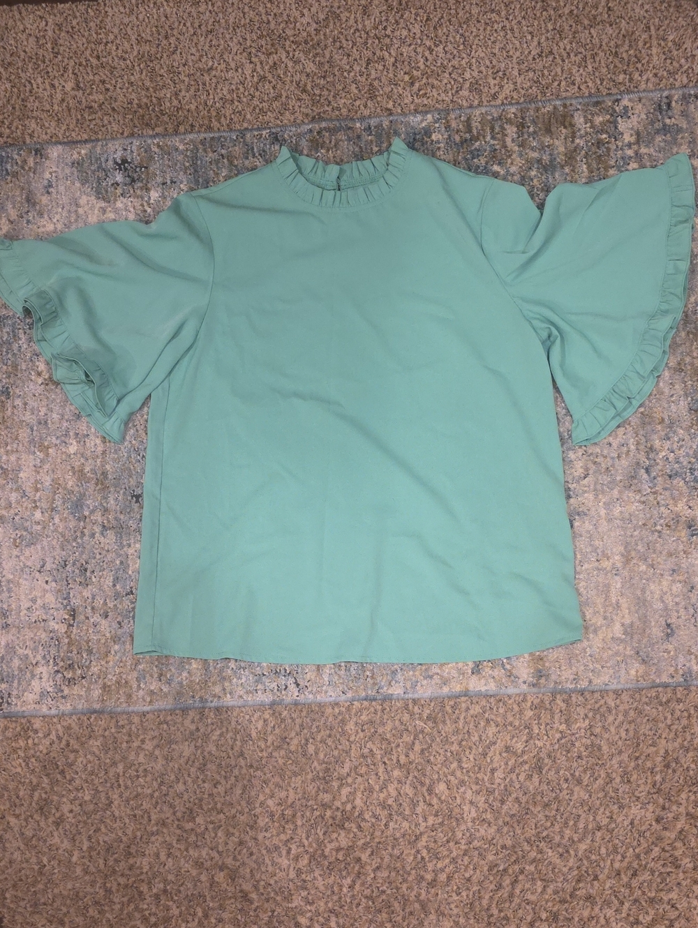Ruffled Neck Bell Sleeve Top in Dark Mint Green. NWOT